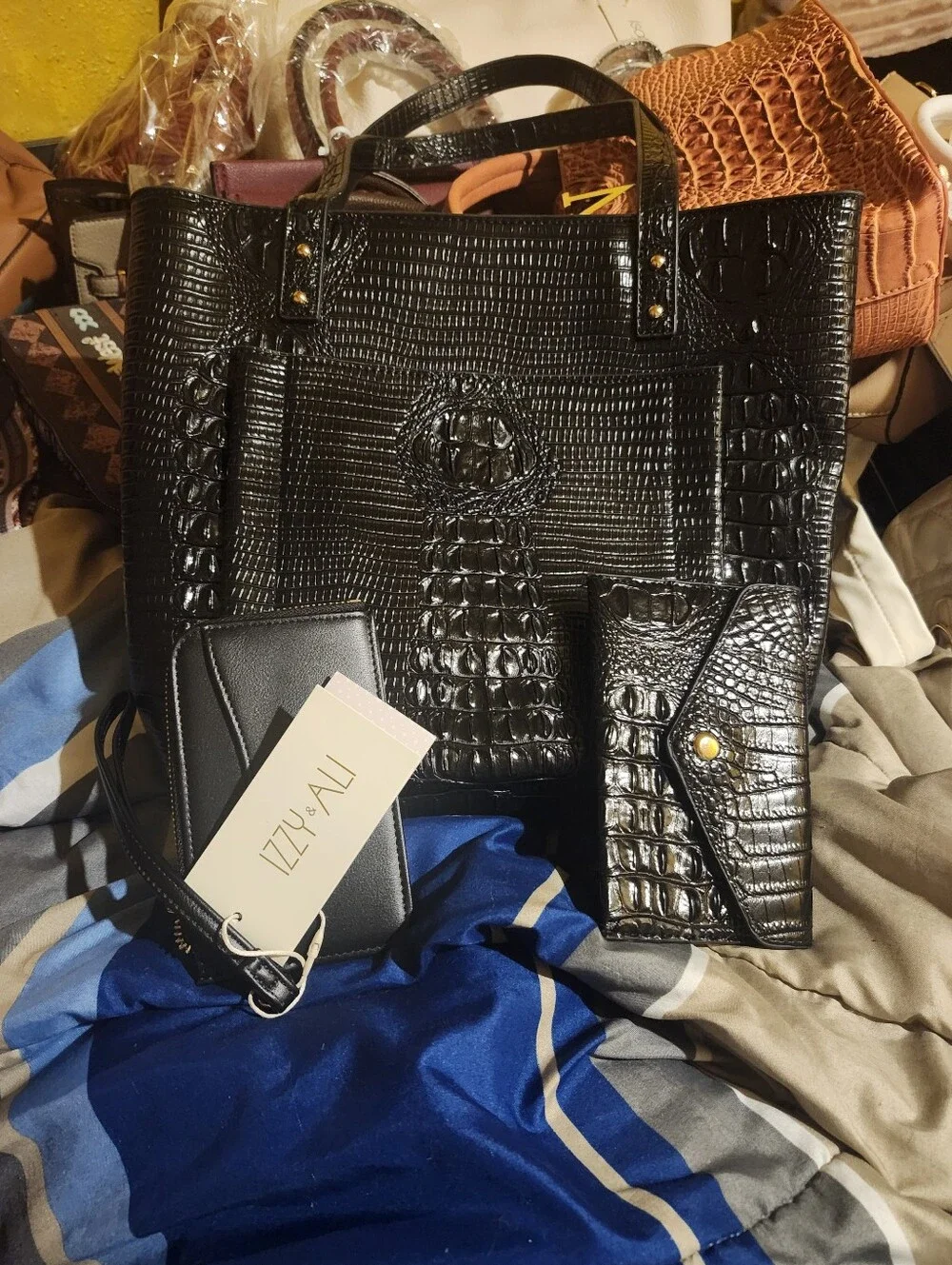 Black Croc-Embossed Tote Bag